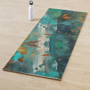 Tapis De Yoga Feuilles d'automne peinture Turquoise Rouille Or A