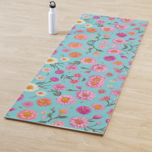 Tapis De Yoga feuilles rose blanc orangé vert  turquoise (En situation)