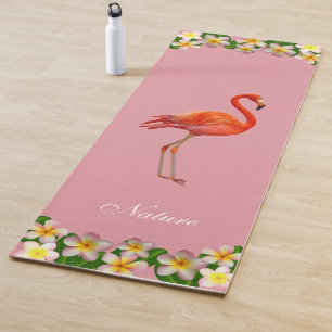 Tapis De Yoga Flamant rose & Fleurs de Plumeria sur rose gold ro