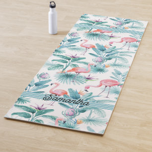 Tapis De Yoga Flamants roses tropicaux feuille motif