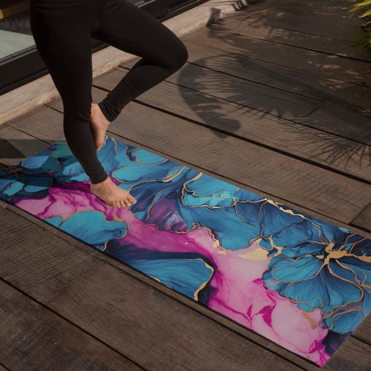 Tapis De Yoga Fleur bleue Abstraite or Floral élégant rose