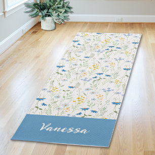 Tapis De Yoga Fleur Bleue Sauvage Aquarelle Nom Personnalisé