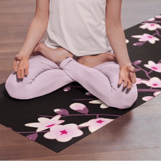 Tapis De Yoga Fleur de cerisier rose noir