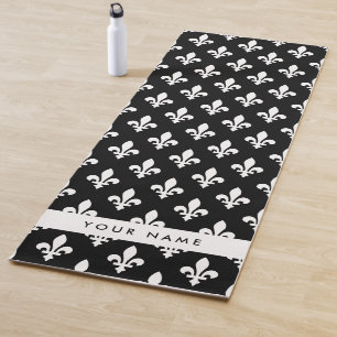 Tapis De Yoga Fleur de Lis, Blanc sur Noir, Blanc, Votre Nom
