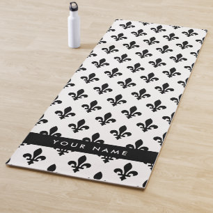Tapis De Yoga Fleur de Lis, Noir sur Blanc, Noir, Votre Nom