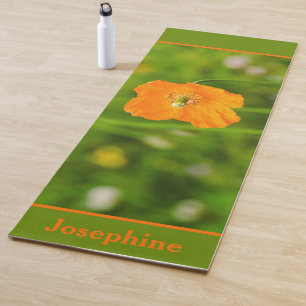 Tapis De Yoga Fleur de pavot orange sur fond vert avec nom perso