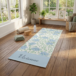 Tapis De Yoga Fleur sauvage aquarelle vert bleu Nom personnalisé