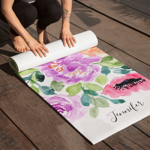 Tapis De Yoga Fleurs aquarelles lumineuses peintes à la main
