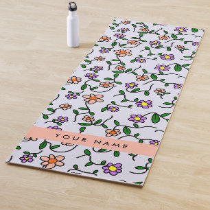 Tapis De Yoga Fleurs colorées, Arrière - plan bleu, Orange
