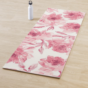 Tapis De Yoga Fleurs de couleur rose tendre peintes à l'aquarell