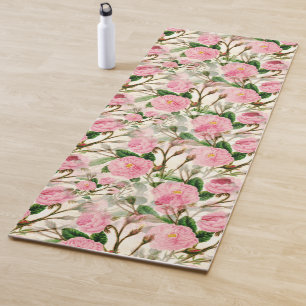 Tapis De Yoga Fleurs de pivoines roses, Feuilles & Buds Motif