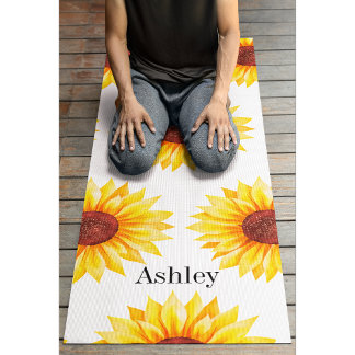 Tapis De Yoga Fleurs de soleil jaunes motifs floraux blanc
