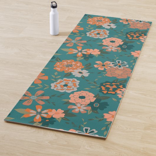 Tapis De Yoga Fleurs Et Vins Motifs Orange Turquoise (En situation)