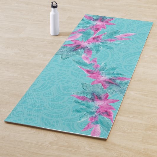 Tapis De Yoga Fleurs hawaïennes Abstraites turquoise rose (En situation)