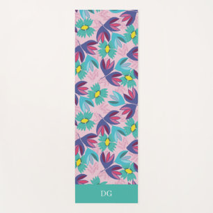 Tapis De Yoga Fleurs monogramme vert rose féminin yoga élégant