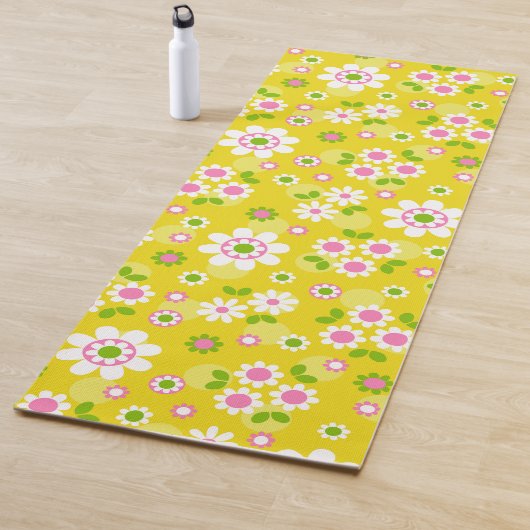 Tapis De Yoga Fleurs Mood Rétro Jaune & Blanc (En situation)
