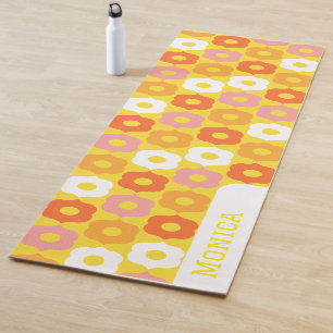 Tapis De Yoga fleurs orange jaune monogramme nom