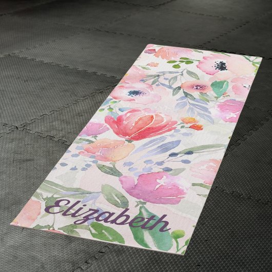 Tapis De Yoga Fleurs pastel rose nom aquarellé