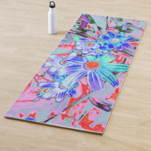 Tapis De Yoga Fleurs rétro psychédéliques aqua et orange
