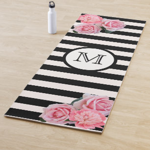 Tapis De Yoga Fleurs roses sur rayures blanches noires monogramm