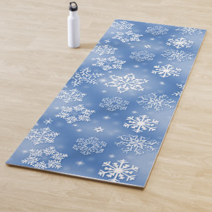 Tapis De Yoga Flocons de neige blancs hivernaux sur fond bleu gl