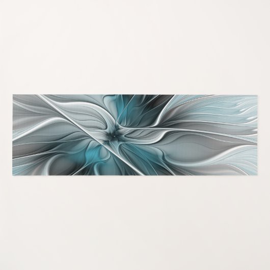 Tapis De Yoga Floral Fractal Moderne Fleur Abstrait gris bleu (Devant (Horizontal))
