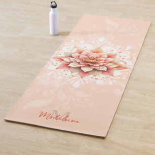 Tapis De Yoga Floral Mandala Coral Rose Blanc Chic Nom Monogramm