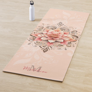 Tapis De Yoga Floral Mandala Coral Rose Mocha Chic Nom Monogramm