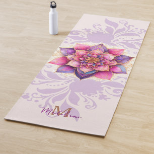 Tapis De Yoga Floral Mandala Gold Purple Nom élégant Monogramme