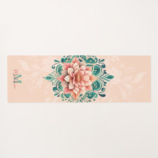 Tapis De Yoga Floral Mandala Peach Rose Vert Chic Nom Monogramme (Dos (Horizontal))