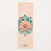Tapis De Yoga Floral Mandala Peach Rose Vert Chic Nom Monogramme (Devant)