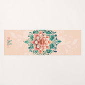 Tapis De Yoga Floral Mandala Peach Rose Vert Chic Nom Monogramme (Devant (Horizontal))