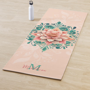 Tapis De Yoga Floral Mandala Peach Rose Vert Chic Nom Monogramme
