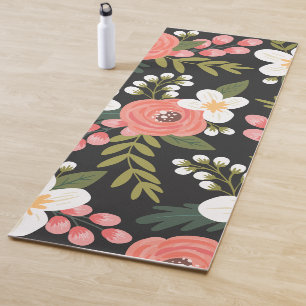 Tapis De Yoga Flore folksy luxuriante noire
