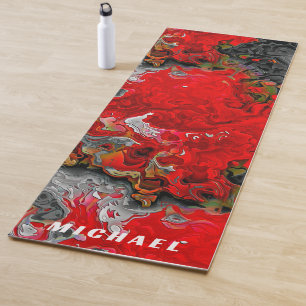 Tapis De Yoga Fluide Abstrait torsades et formes rouge et gris c