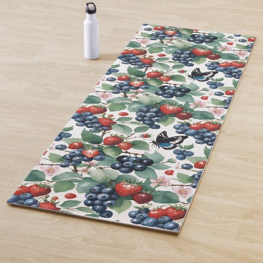 Tapis De Yoga Fraises Blueberries et papillons Floral (En situation)