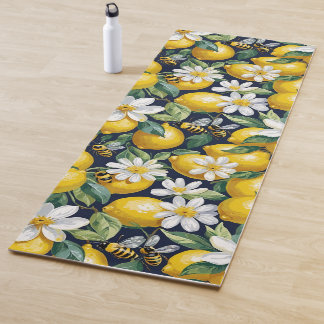 Tapis De Yoga Fresh Yellow Lemons With Busy Bees & White Blooms