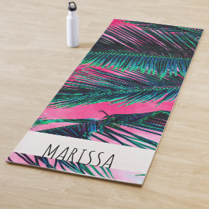 Tapis De Yoga Frondes tropicales turquoises roses de palmier