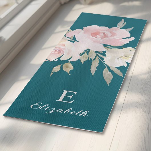 Tapis De Yoga Girly Feminine Floral Name and Monogram