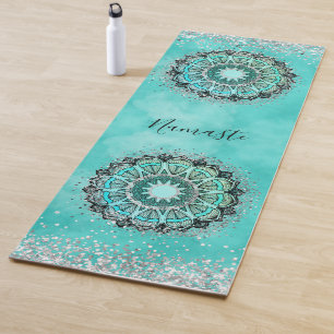 Tapis De Yoga Glitterie personnalisée Lotus Mandala sur Turquois