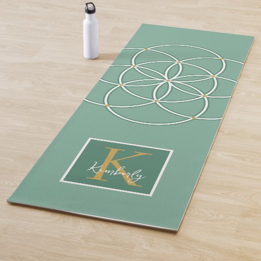 Tapis De Yoga Green Gold White Seed of Life Monogram (En situation)