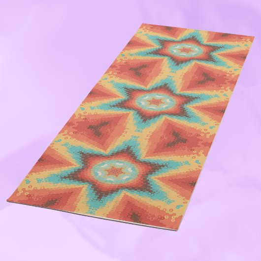 Tapis De Yoga Hex Mandala orange bleu et jaune