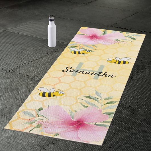 Tapis De Yoga Honeypeb flores rose bourdon abeilles nom monogram