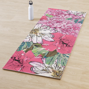Tapis De Yoga Illustration florale rose et verte de la fille mig