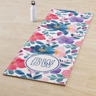 Tapis De Yoga Initiales de script de calligraphie bleu marine mo