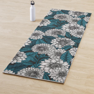 Tapis De Yoga Jardin blanc Dahlia / feuilles bleus 2