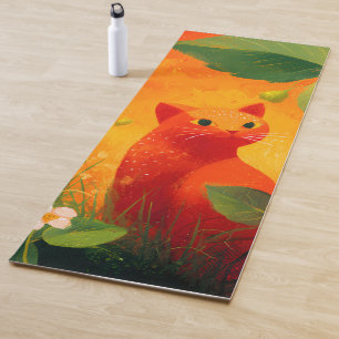 Tapis De Yoga Jardin de fleurs sauvages au chat rouge fantaisist