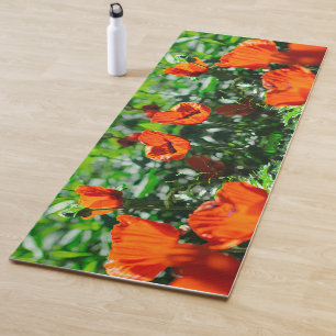 Tapis De Yoga Jardin stylisé Rouge Orange Fleurs de pavot
