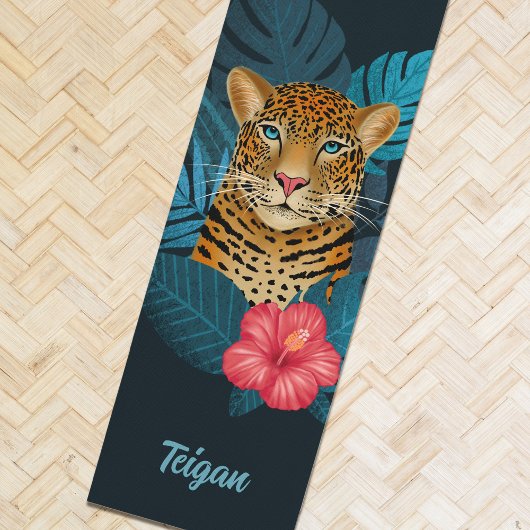 Tapis De Yoga Jolie jungle léopard Art Floral | Bleu | Nom