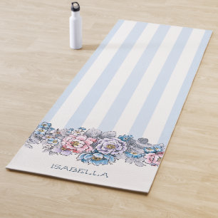 Tapis De Yoga Jolies fleurs et bandes roses et bleues avec nom